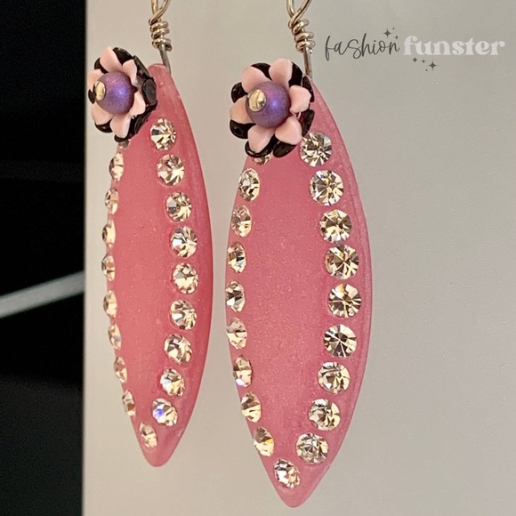 Vintage 1960s Floral Crystal Rhinestone Lucite Long Ellipse Dangle Drop Earrings - Picture 5 of 5